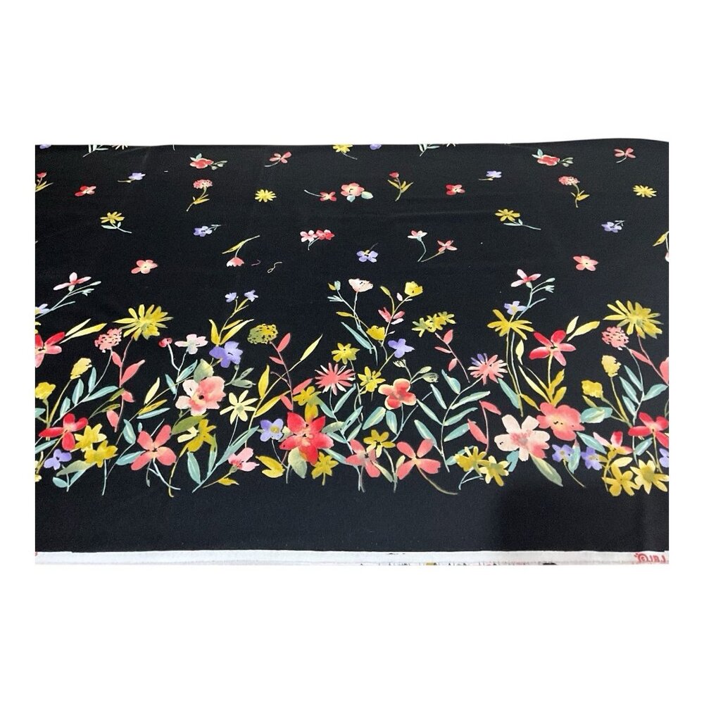 JBJ Fabrics Cotton Blend Border Print Fabric with Black Background and Florals